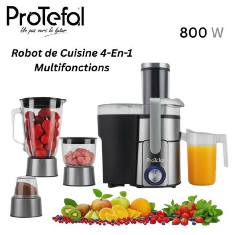 Extracteur centrifuge multifonctionnel en acier inoxydable 4-en-1 800W 1L 2 vitesses + turbo avec mélangeur, hacheur et moulin - Fresh Juice Protefal | JE-J30A