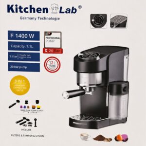 Machine à Café Expresso Kitchen Lab 3 en 1 – 1400 W – 20 Bars – Réservoir 1,1 L