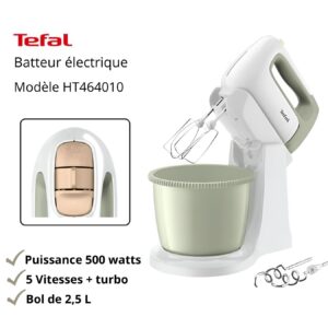 Batteur Électrique Tefal 500W avec Bol 2,5 L – 5 Vitesses + Fonction Turbo