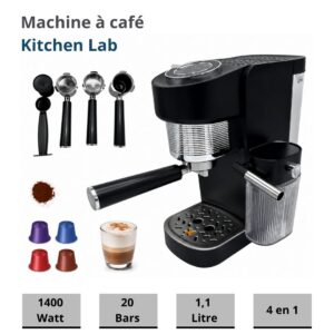Machine à Café Expresso Kitchen Lab KT-CM-002 – 1400W – 20 Bars – Réservoir 1,1 L – 4 en 1
