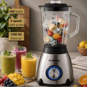 Blender Multifonction PLANETSAT 450W – Bol en verre 1,5 L – 5 vitesses + Pulse BPL-1965G