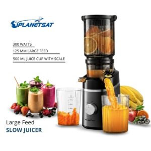 Extracteur de Jus Lent PLANETSAT PSJ-1252 – 300W – Large Goulotte 125 mm – Pichet 500 ml