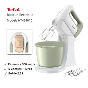 Batteur Électrique Tefal 500W avec Bol 2,5 L – 5 Vitesses + Fonction Turbo