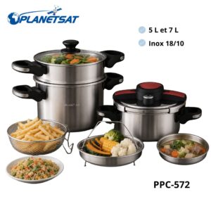 Cocotte  PLANETSAT PPC-572 – 7,5 Litres – Acier Inoxydable 18/10 – Avec Cuiseur Vapeur